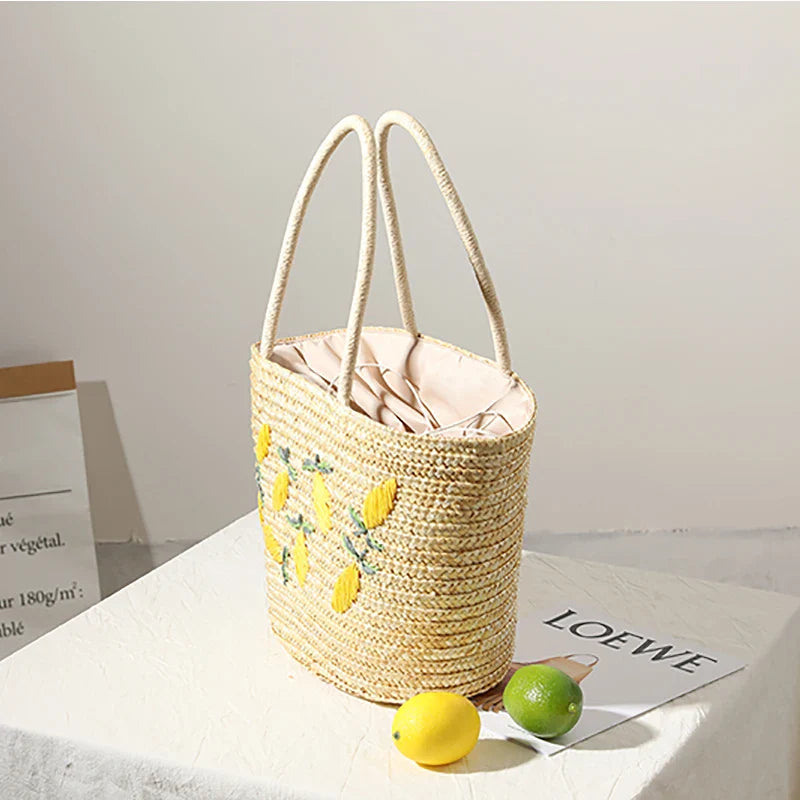 Femlion Lemon Embroidered Straw Woven Bag - Versatile Beach Resort Shoulder Bag