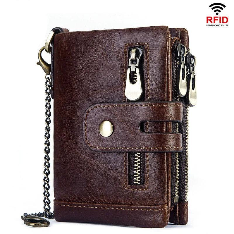 Femlion Cowhide RFID Genuine Leather Men's Wallet with Iron Chains