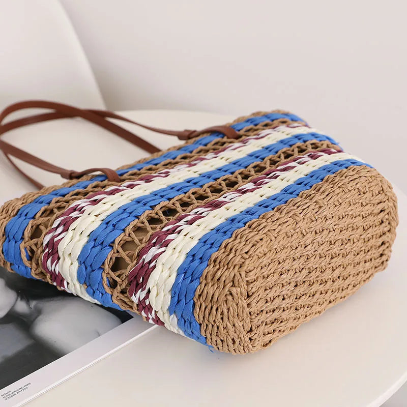 Femlion Vintage Stripe Straw Woven Beach Bag Hollow Out Shoulder Bag