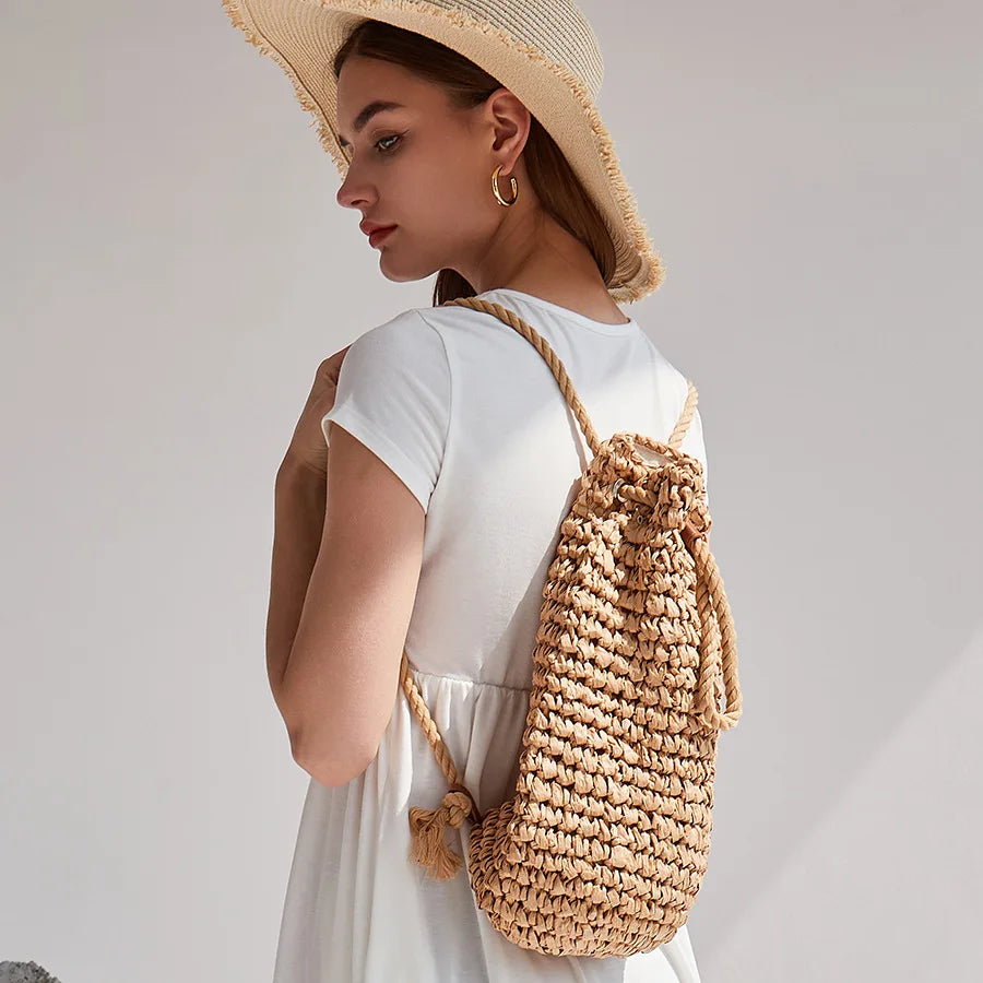 Femlion Rattan Woven Straw Backpack for Women – Handmade Drawstring Beach Shoulder Bag