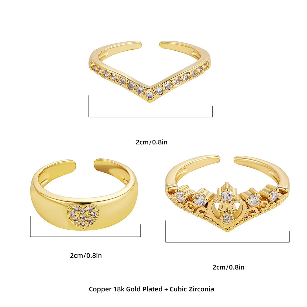 Femlion Love Heart Rings Set: Gold Color, Zircon, Adjustable Opening, Wedding Party Gift