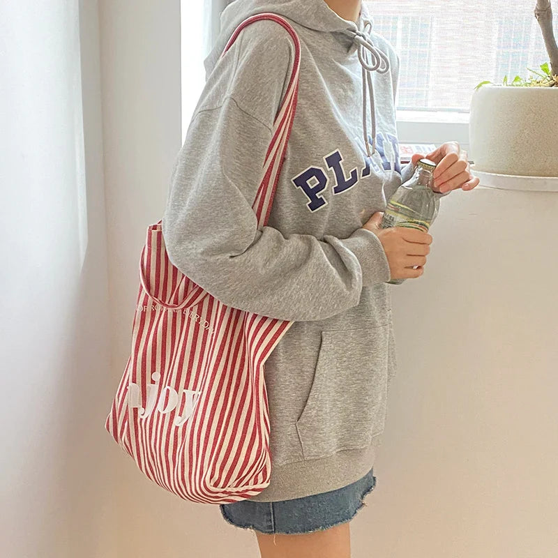 Femlion Stripes Design Shoulder Bag: Stylish Canvas Handbag with Large Capacity for Everyday.