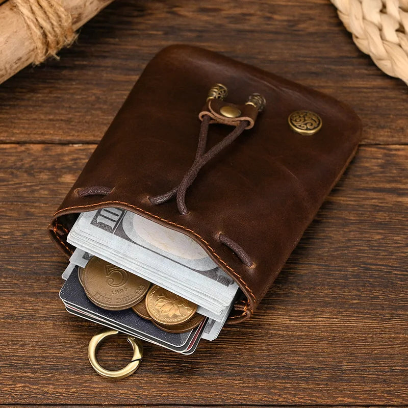 Femlion Handmade Leather Coin Pouch Mini Purse Key Wallet Card Holder