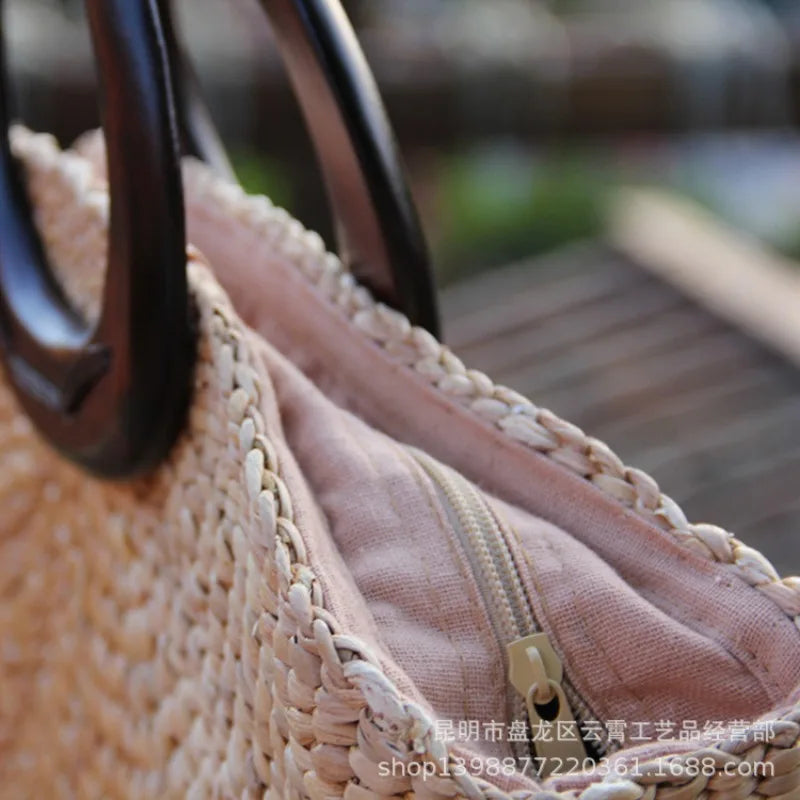 Femlion Fresh Woven Shoulder Bag with Wooden Handle