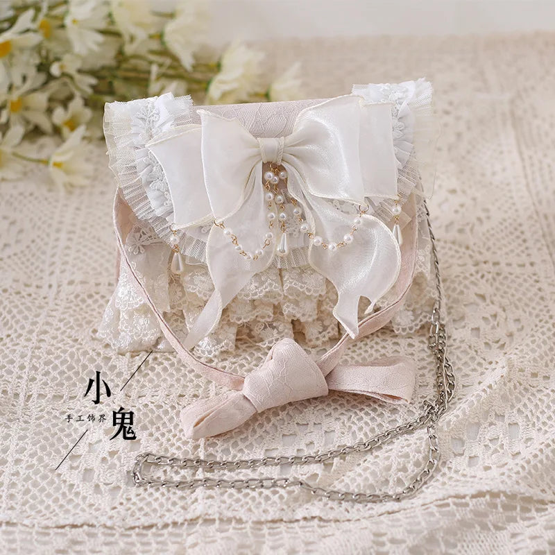 Femlion Bowtie Lace Lolita Shoulder Bag with Imitation Pearl Cross Body