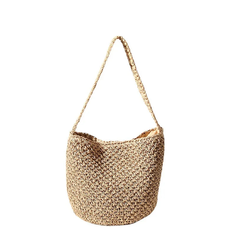 Femlion Straw Bucket Bag: Handmade Woven Beach Vacation Seaside Fashionable Handbag