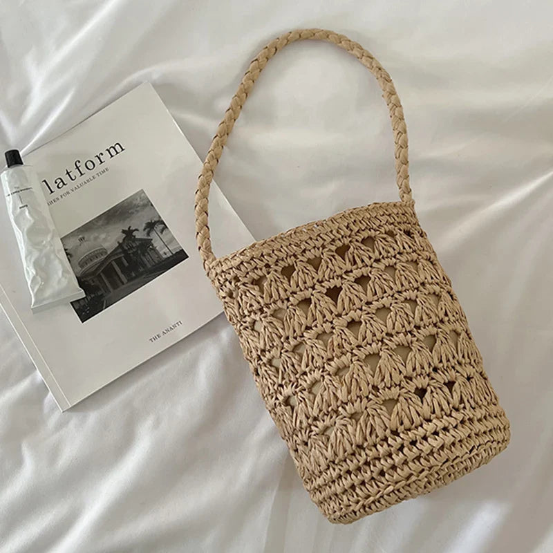 Femlion Straw Woven Bag: 2022 Summer Hand Woven Hollow Bucket Rattan Bag for Women