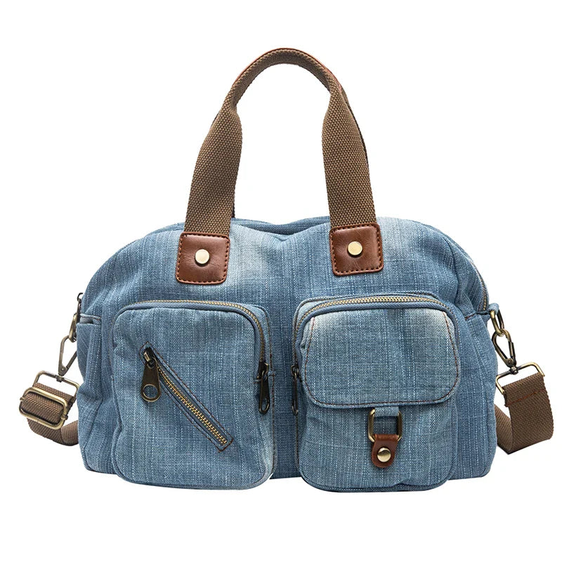 Femlion Light Blue Denim Tote Bag - Designer Quality Shoulder Handbag with Long Straps