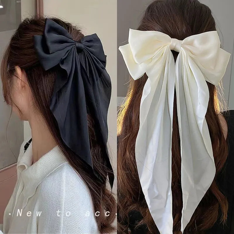 Femlion Chiffon Bow Hair Clip for Women - Large Bowknot Stain Hairpin Barrettes - Solid Color Ponytail Clip