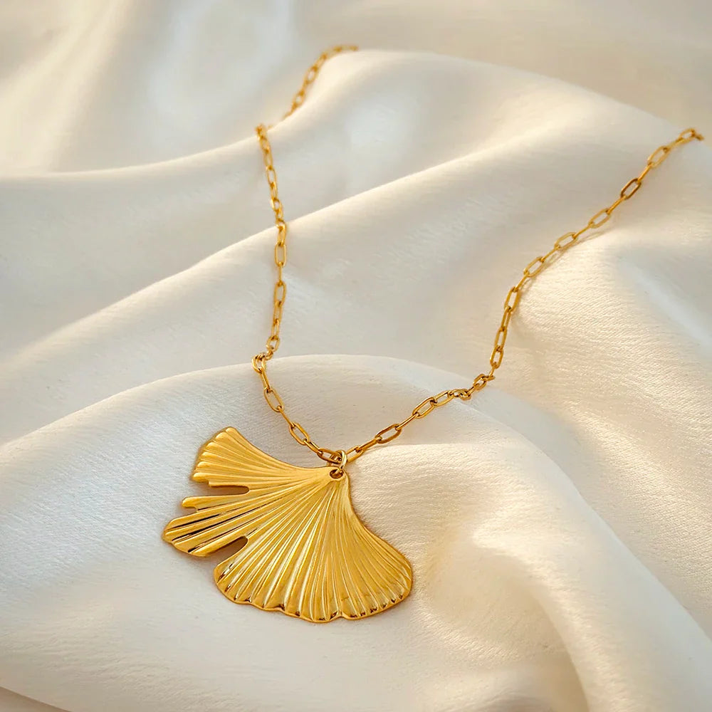 Femlion Gold Plated Ginkgo Leaf Jewelry Set - Trendy Stainless Steel Earrings & Necklace