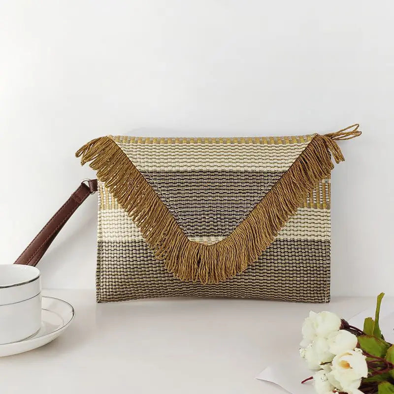 Femlion Wide Stripe Tassel Envelope Clutch - Stylish Handbag with Woven Design