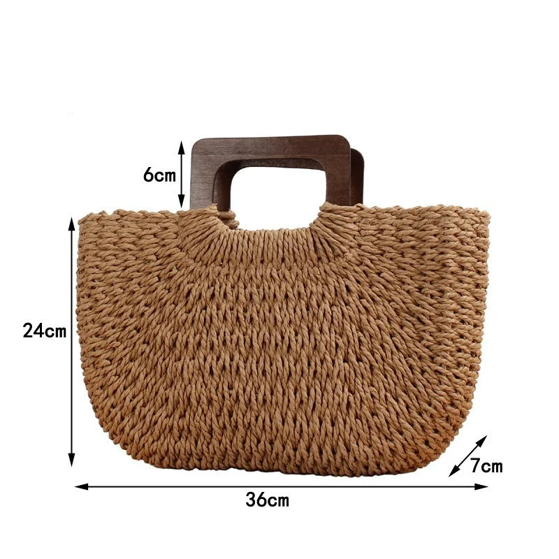 Femlion Sen Series Straw Beach Bag with Wooden Handle