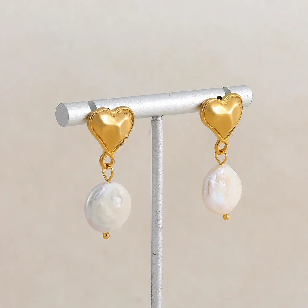 Femlion Gold Plated Heart Studs with Pearl Drop - Elegant Stainless Steel Earrings