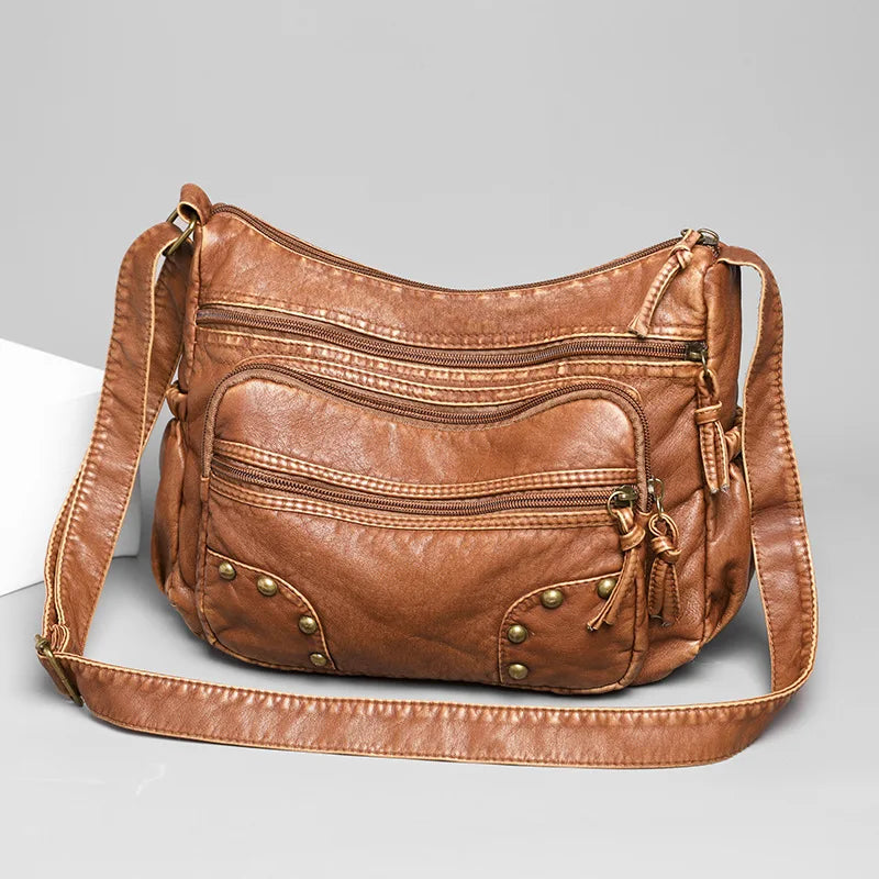 Femlion Vintage Soft Leather Crossbody Bag with Rivet Detail