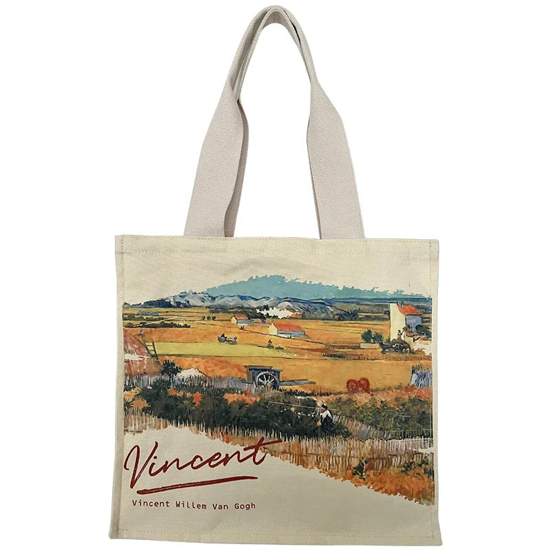 Artistic Femlion Canvas Shoulder Bag: High Capacity Tote with Famous Painting Print