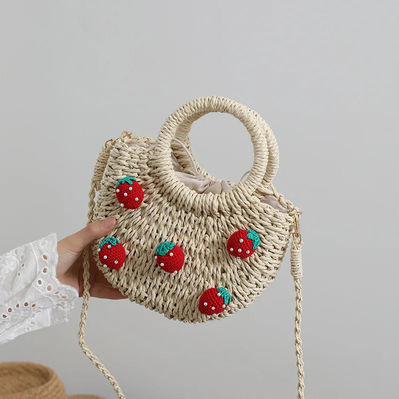 Femlion Cherry Strawberry Straw Bag Hand-Woven Messenger Bag