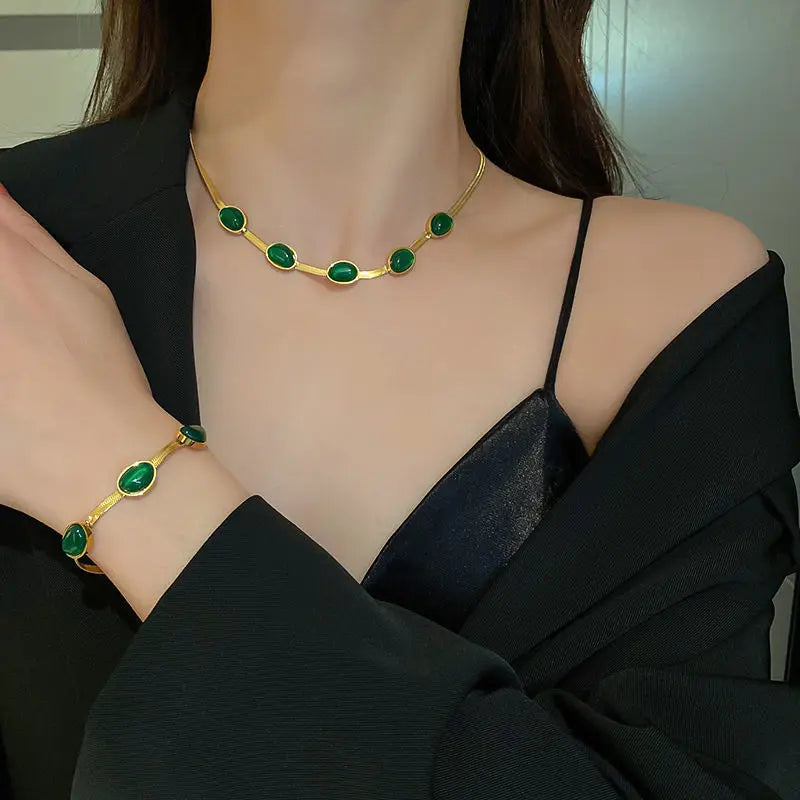 Emerald Stainless Steel Jewelry Set by Femlion: Creative Retro Design, High Quality, Blade Chain, Luxury Gift