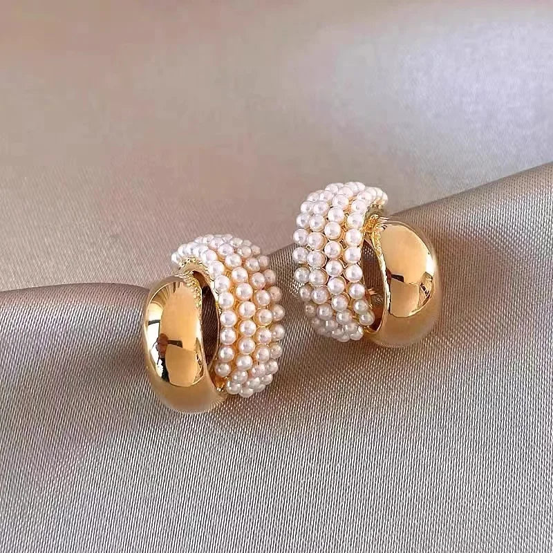 Femlion Gold Color Arc-Shaped Earrings with Imitation Pearl - 2024 Korean Fashion Jewelry