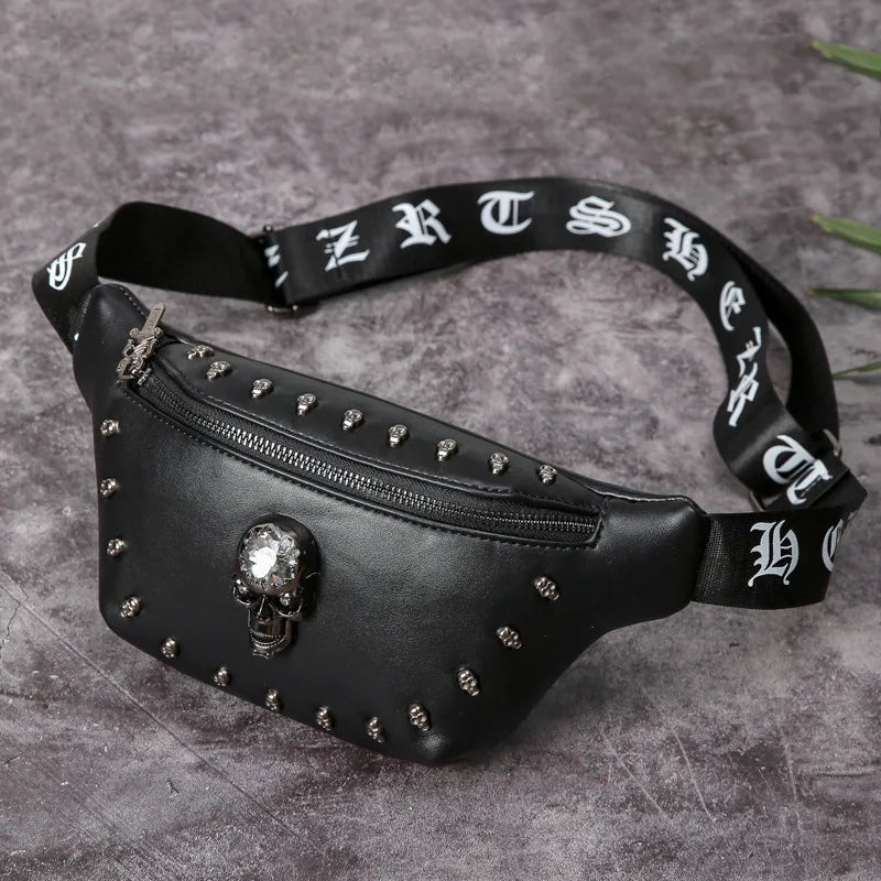 Femlion Rivet Skull Waist Bag Unisex Black Leather Fanny Pack