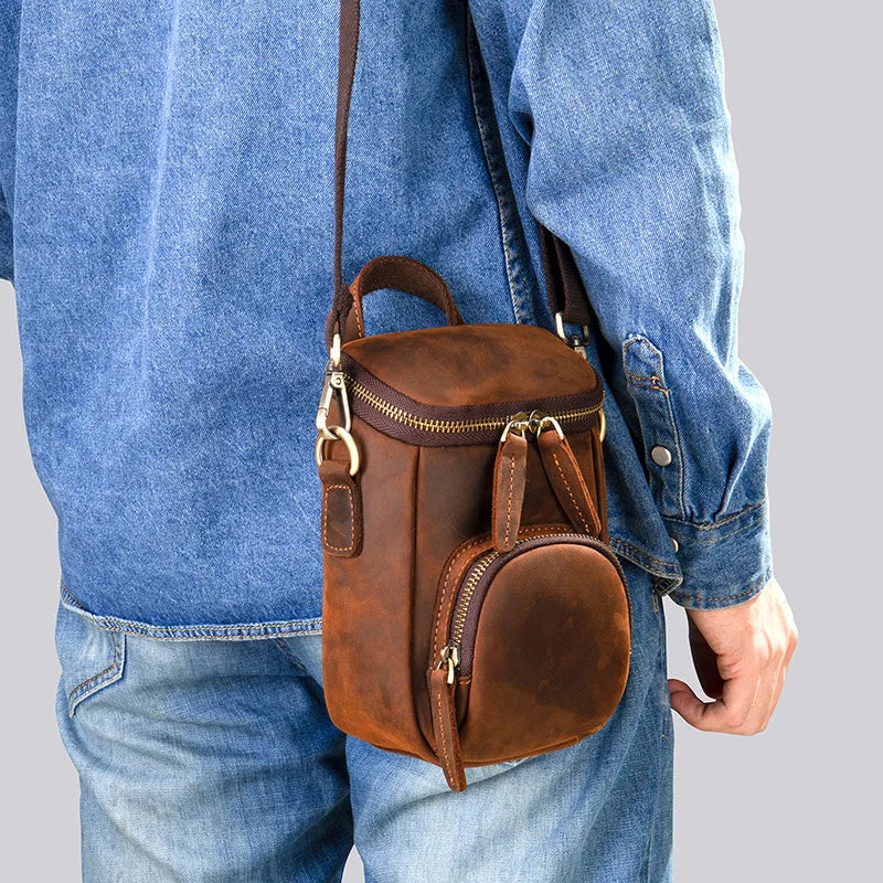 Femlion Vintage Leather Men's Crossbody Shoulder Bag Genuine Leather Phone Pouch Bag