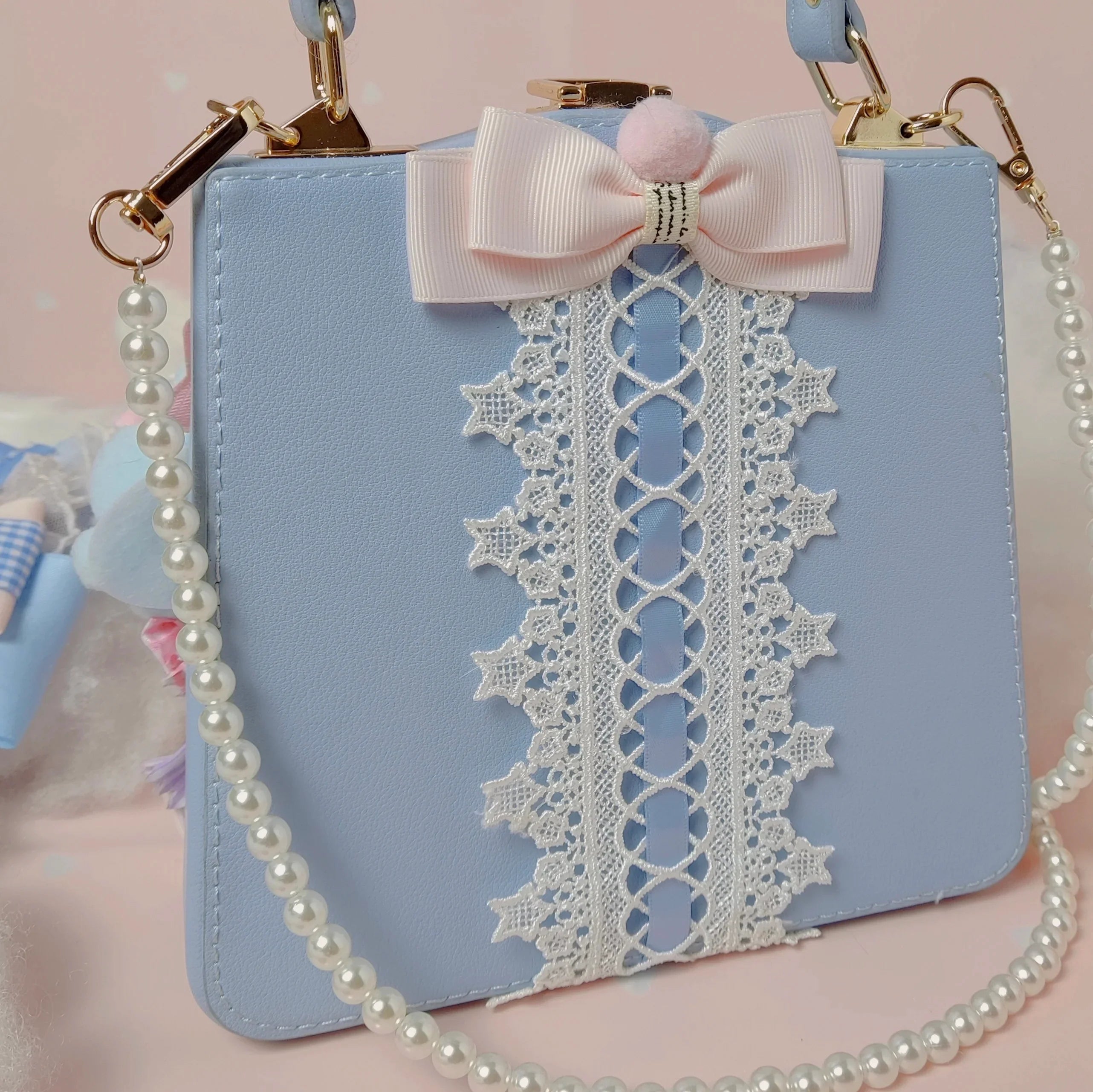 Femlion Macaron Bowtie Satchel Crossbody Bag with Lace Ribbon