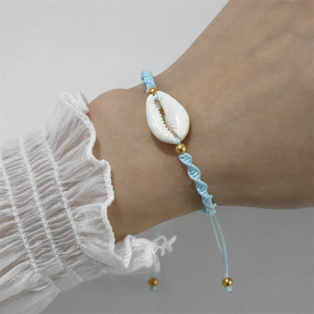 Femlion Shell Beads Braided Rope Charm Bracelet Adjustable Handmade Women Jewelry Bangle