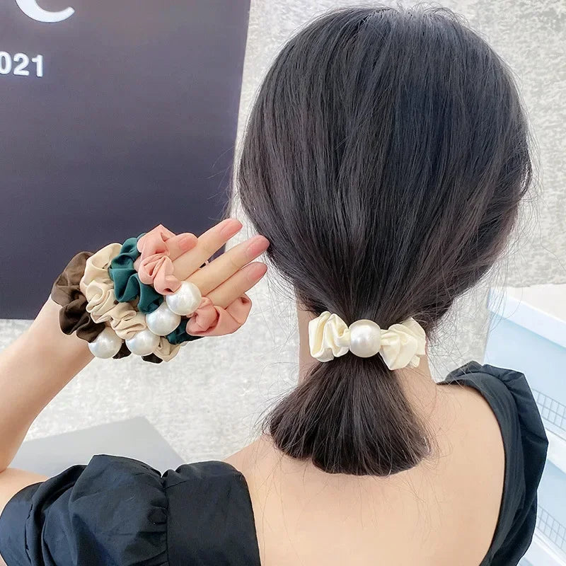 Femlion Korean Pearl Elastic Scrunchie Hair Bands for Women and Girls