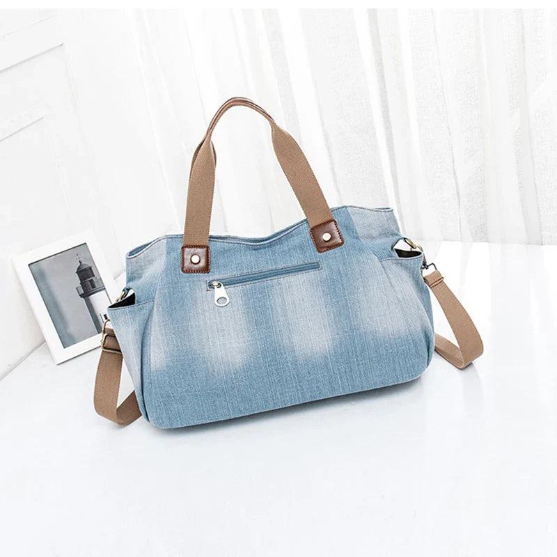 Femlion Denim Tote Bag Large Capacity Handbag for Women Fashion Shoulder Purse