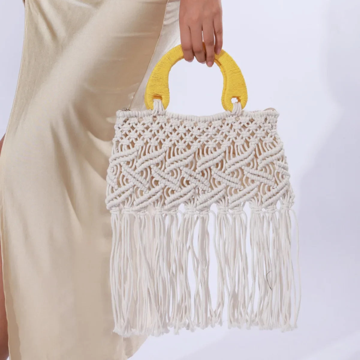 Femlion Boho Tassel Beach Handbag - 2024 Spring/Summer Contrast Color Woven Rope Bag