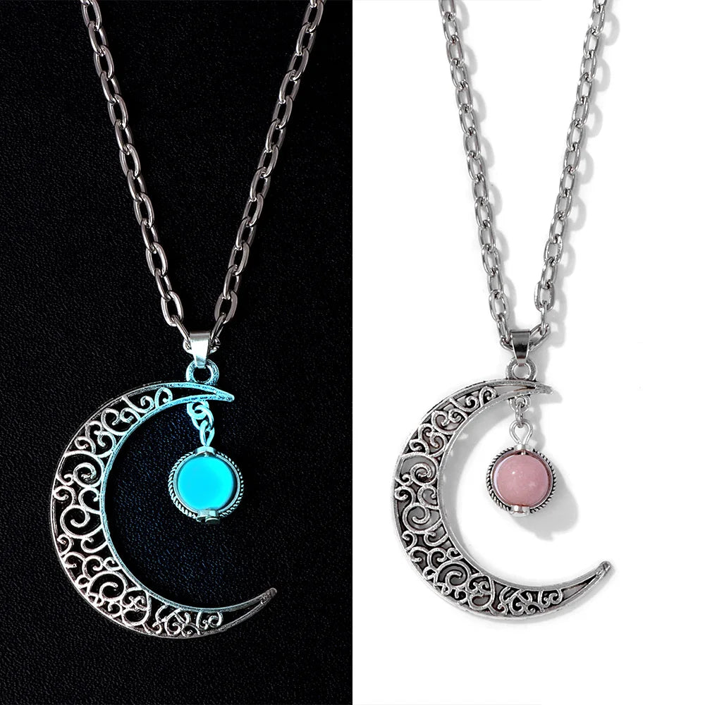 Femlion Luminous Stone Crescent Moon Necklace Jewelry Choker Glow in the Dark