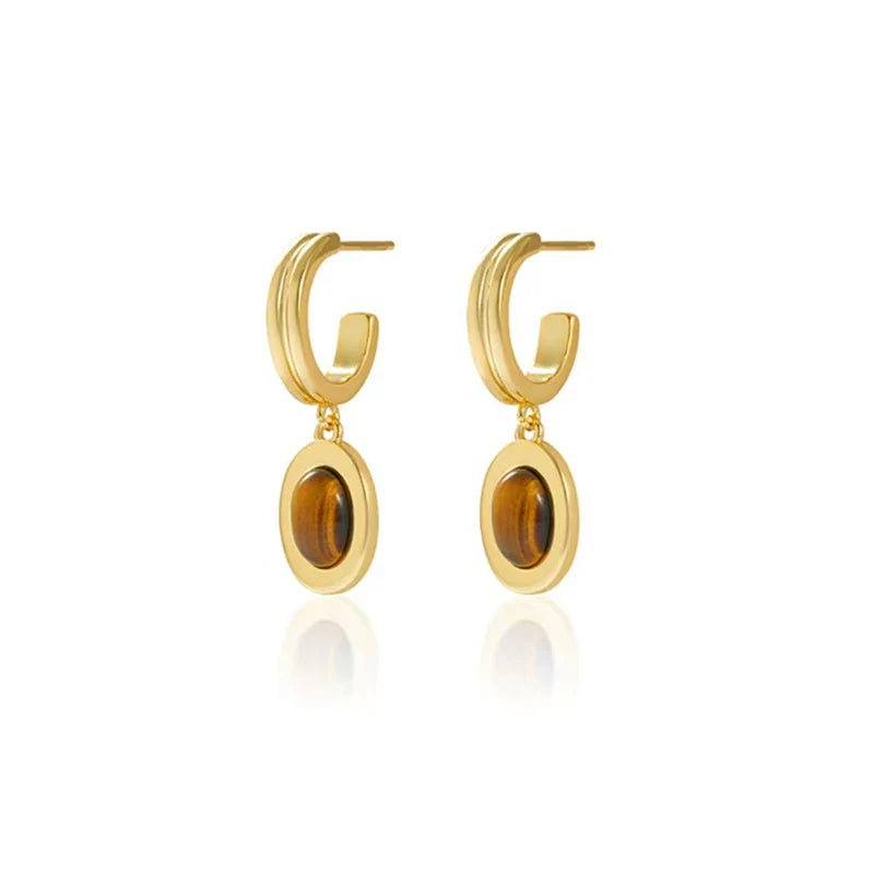 Femlion Oval Tiger Eye Stone Gold Earrings - Vintage Luxury Women's Jewelry