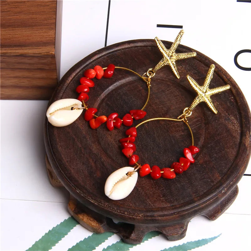 Femlion Summer Shell Starfish Stone Chips Earrings Women Boho Jewelry