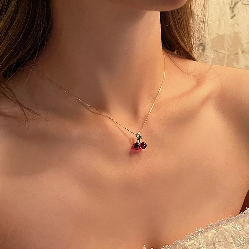 Femlion Cherry Pendant Necklace: Korean Style Wine Red Collarbone Chain for Women