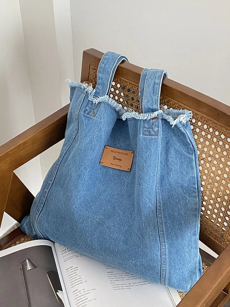 Femlion Denim Shoulder Bag Blue Large Capacity Casual Handbag Tote for Women