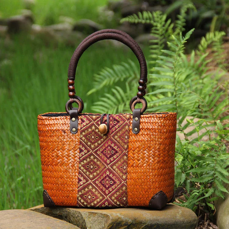 Femlion Rattan Grass Straw Shoulder Bag for Women, Handheld Beach Vacation Bag