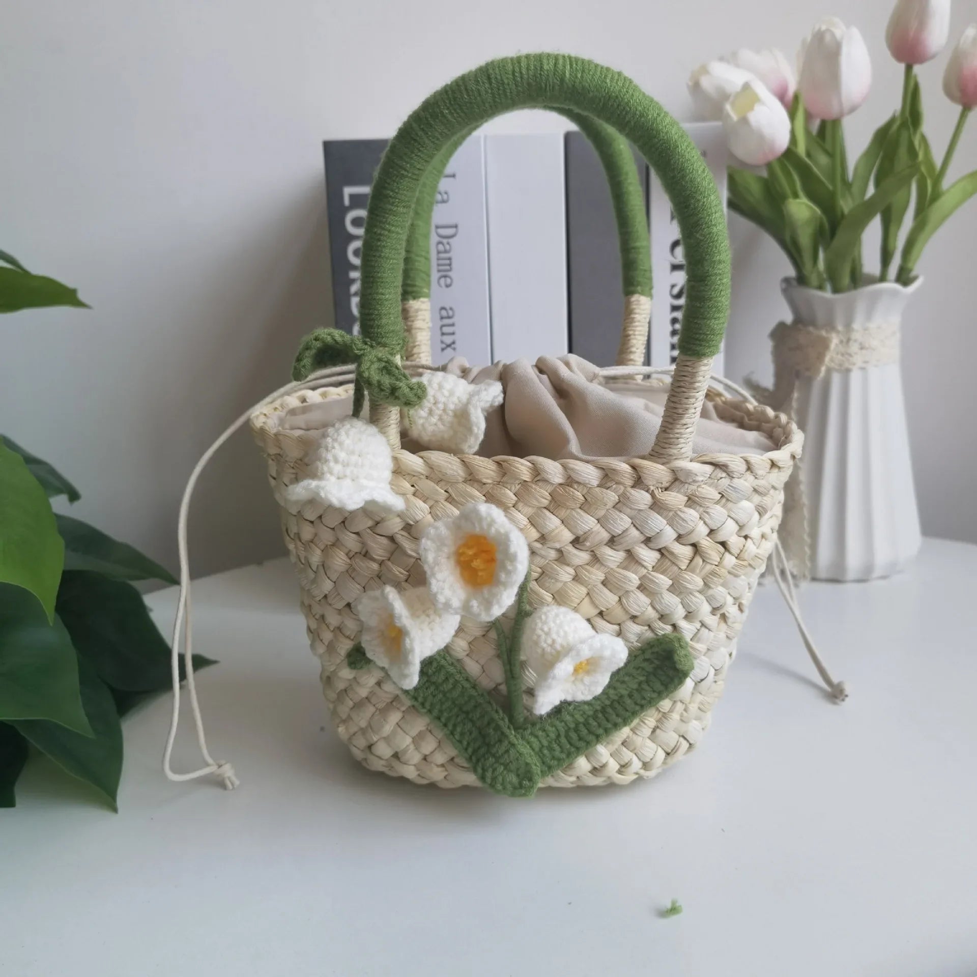 Femlion Lily Of The Valley Woven Straw Handbag for Idyllic Outings and Beach Days