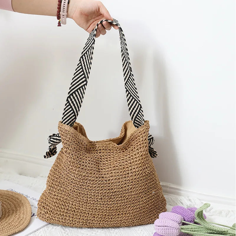 Femlion Navy Straw Woven Shoulder Bag 2022 Beach Handbag.