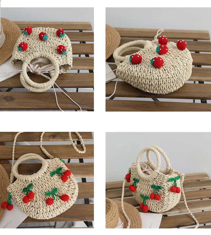 Femlion Cherry Strawberry Straw Bag Hand-Woven Messenger Bag