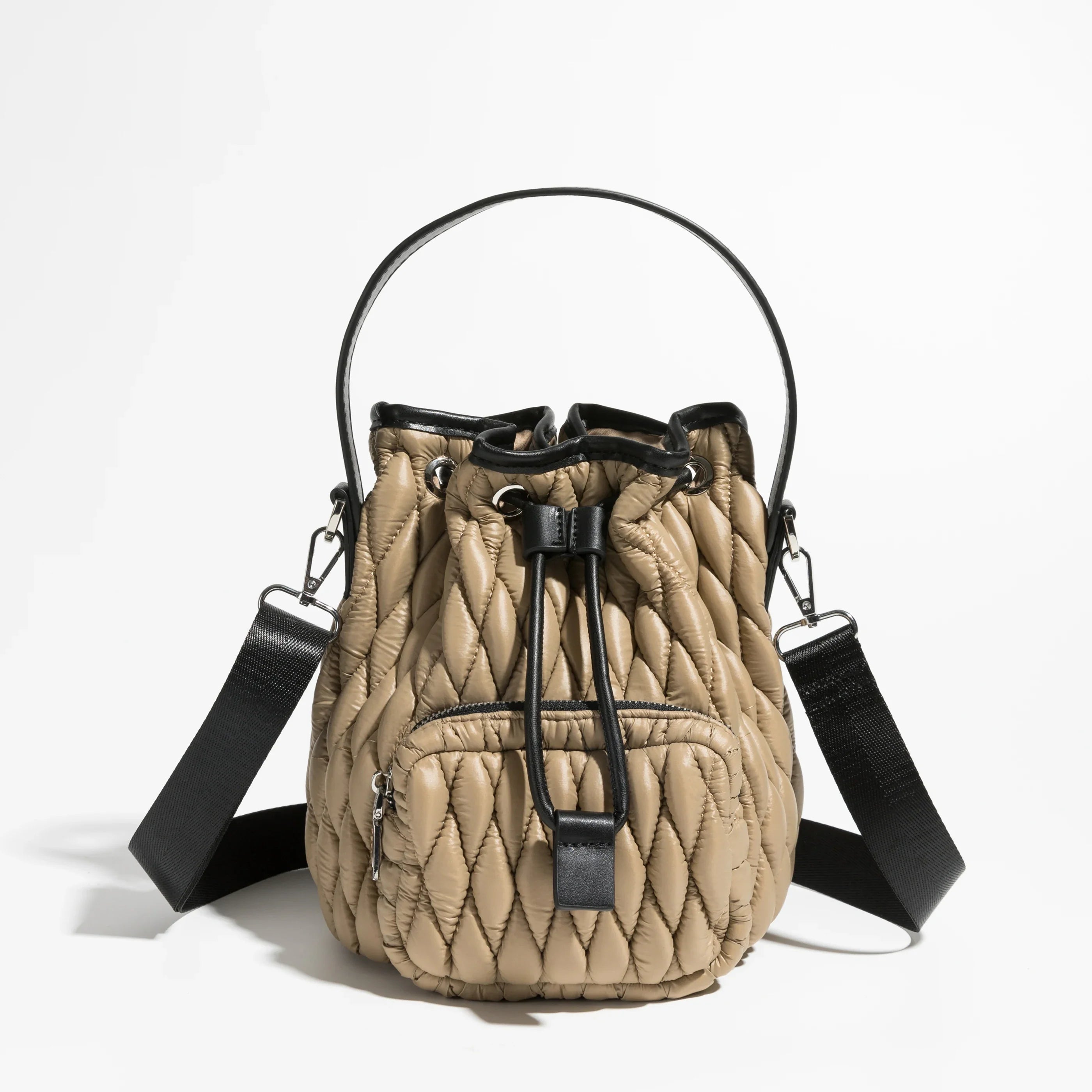 Femlion Quilted Buckets Bag: Designer Nylon Handbag with Padded Crossbody; Small Luxury Purse