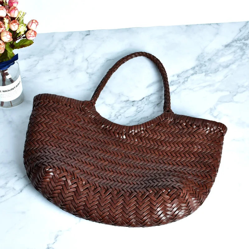 Femlion Leather French Basket Bag - Top Layer Cow Woven, Vegetable Basket Design