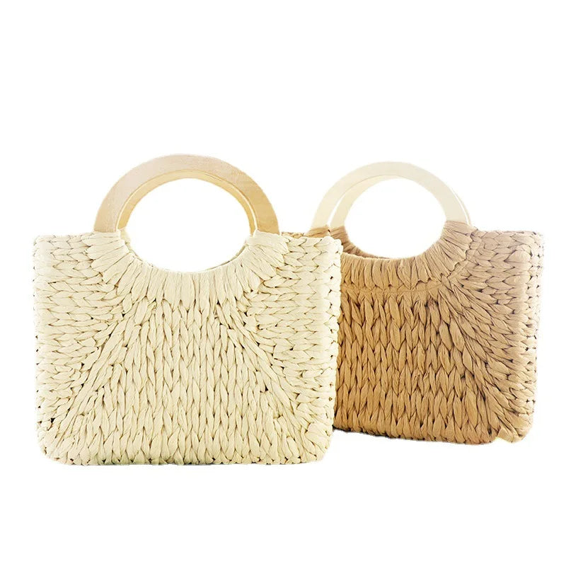 Femlion Retro Straw Woven Square Round Bucket Handbag for Women