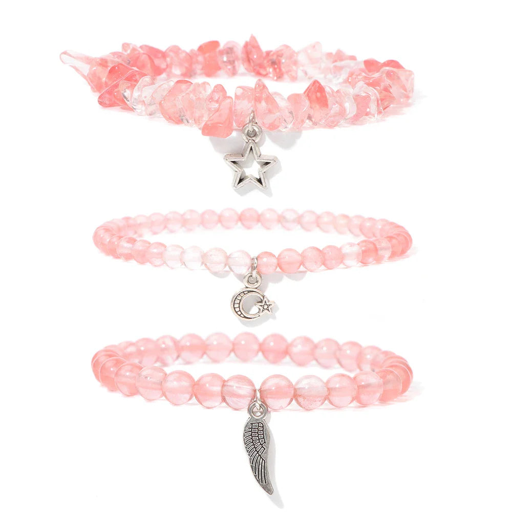 Femlion Red Watermelon Stone Bracelet Set with Sun Star Charms