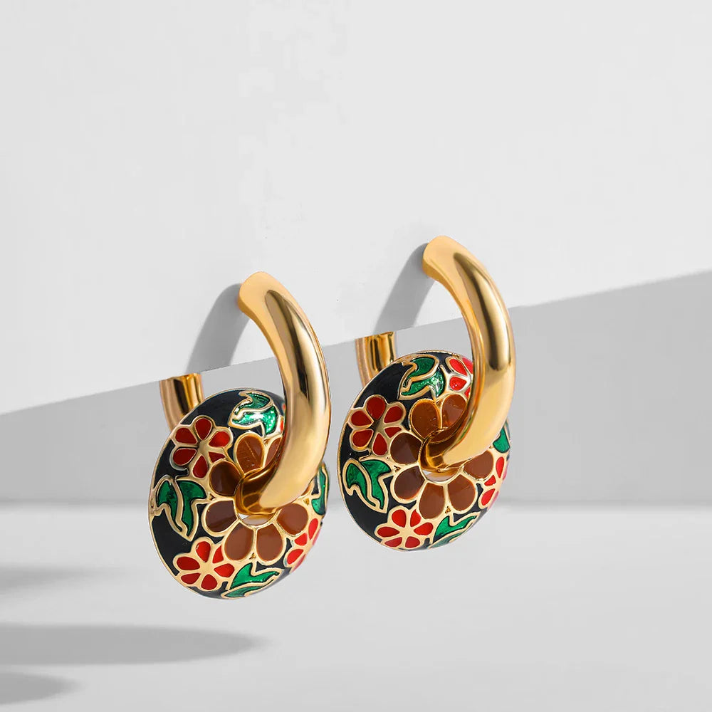 Femlion Enamel Flower Chunky Hoop Earrings Gold Color Stainless Steel Fashion Jewelry