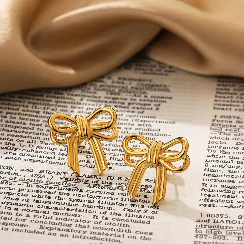 Femlion Gold Bowkont Stud Earrings - Elegant Ribbon Bow Piercing Jewelry for Women