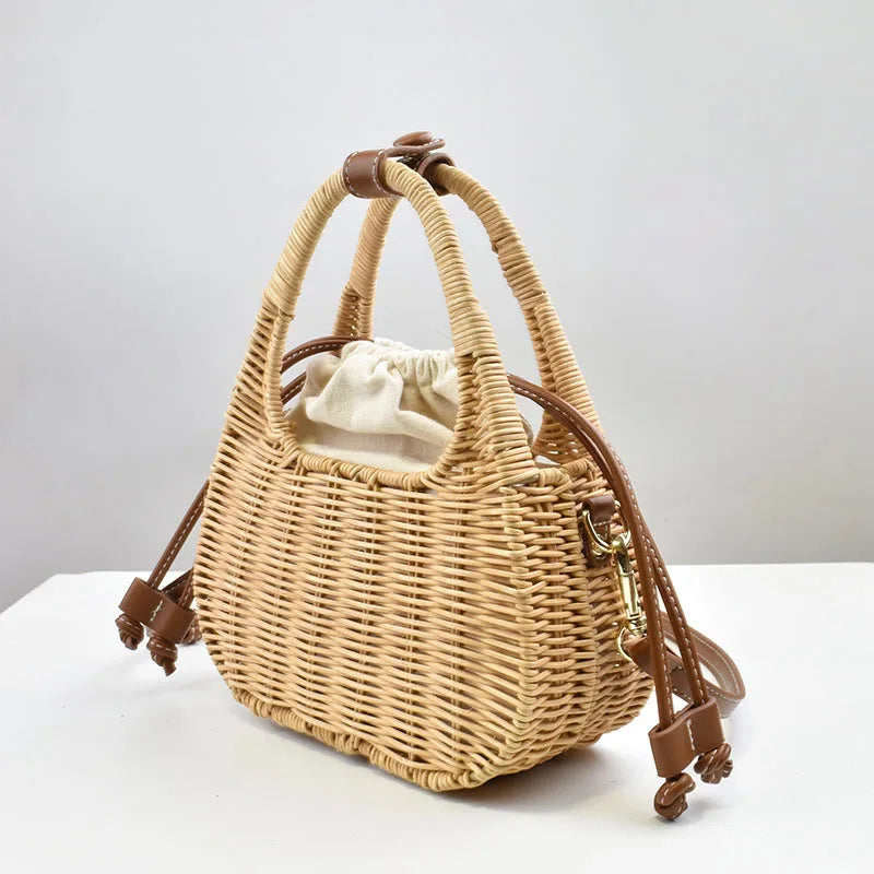 Femlion Retro Rattan Small Shoulder Bag Straw Messenger Bag Women's Portable Handbag