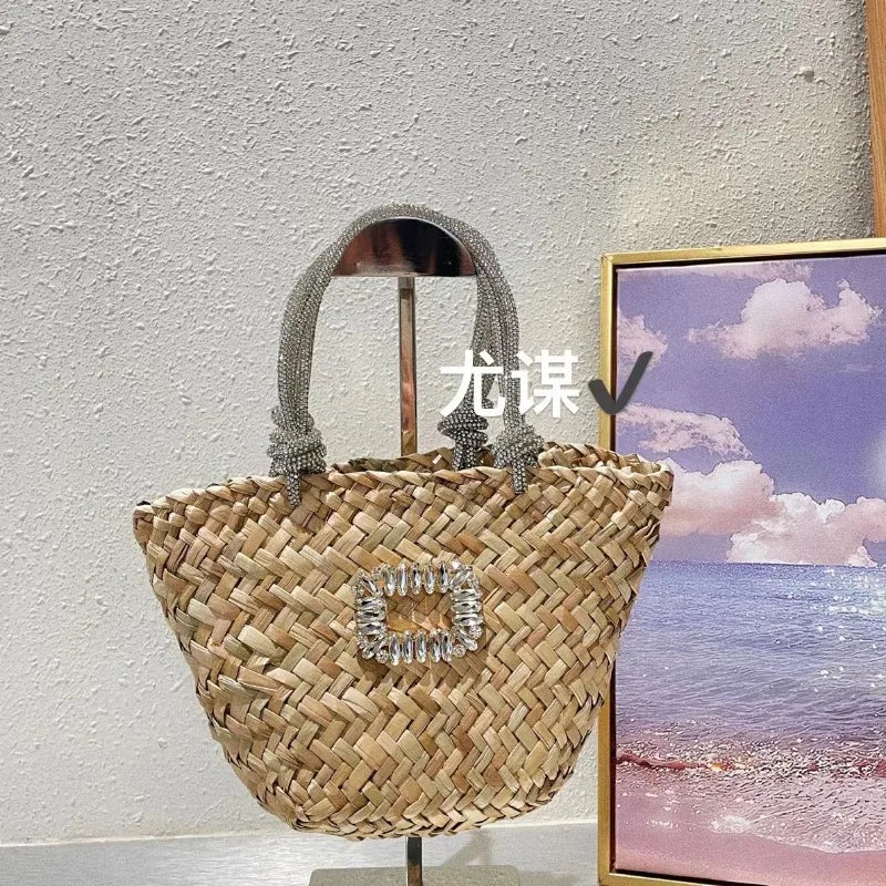 Femlion Handmade Woven Grass Beach Bag with Diamond Shining for Summer Travel