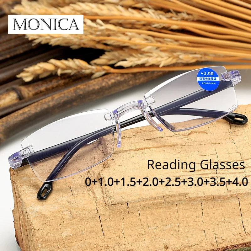 Femlion Retro Bifocal Reading Glasses Anti-blue Light Men Women Rimless Eyewear