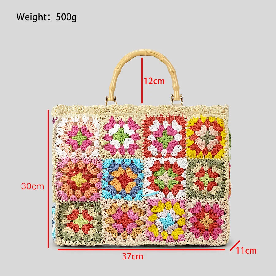 Femlion Boho Granny Square Straw Handbag with Bamboo Handle