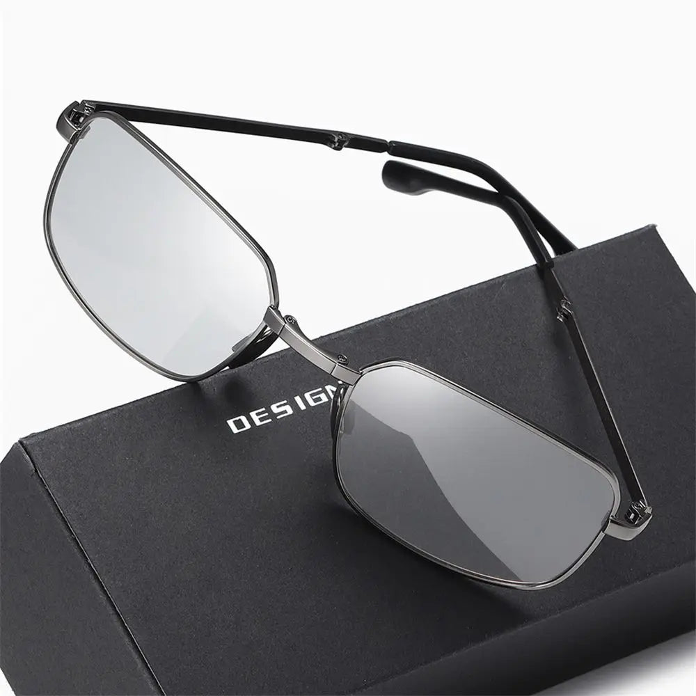 Femlion Square Metal Frame Polarized Photochromic Sunglasses for Men Night Vision Eyewear