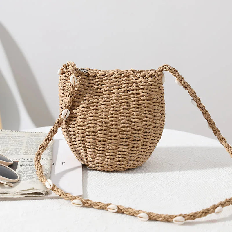 Femlion Seaside Shell Straw Bag Women 2021 Beach Vacation Woven Messenger Crossbody